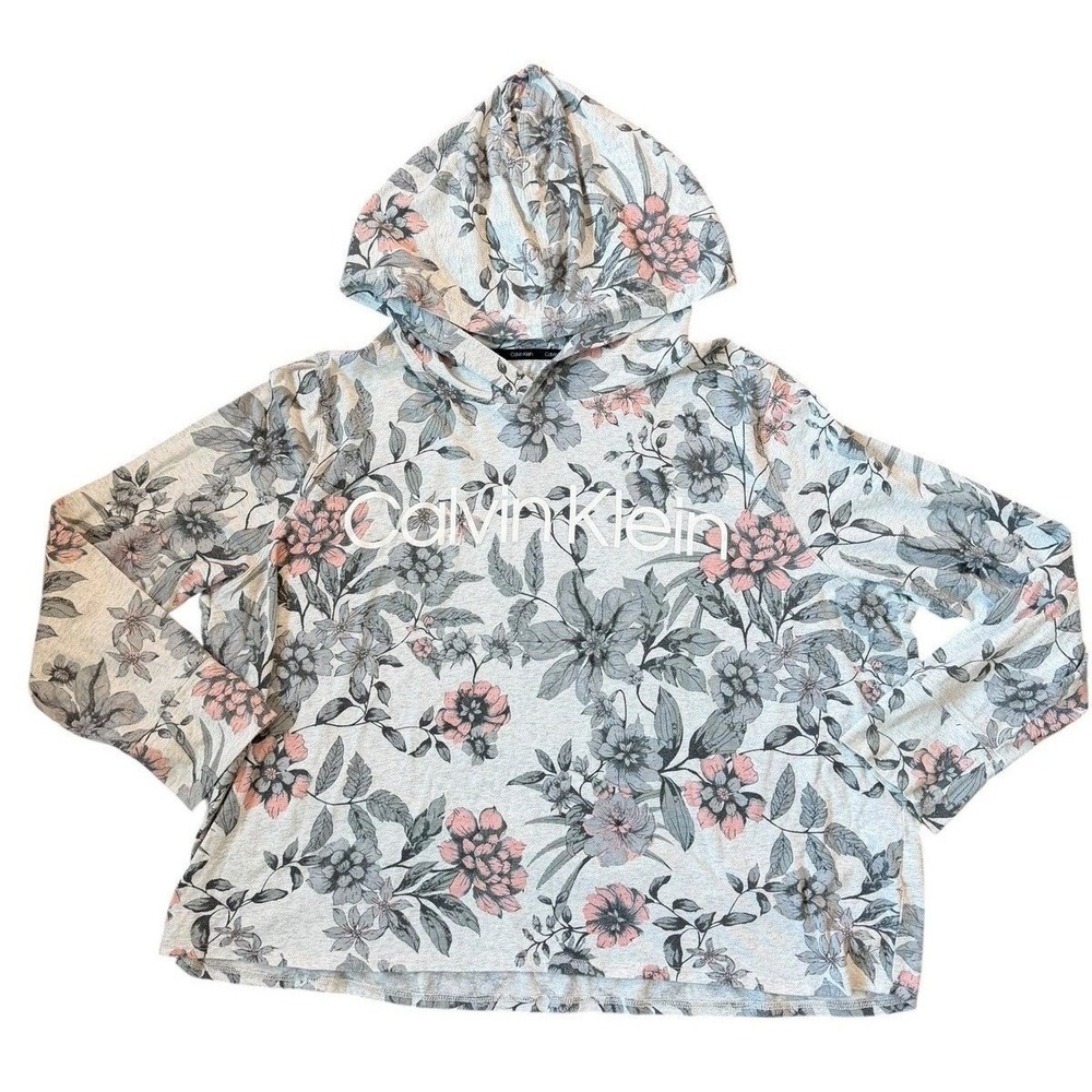 Calvin Klein Performance Floral Hoodie Grey Pink Logo XXL Pullover Sweatshirt